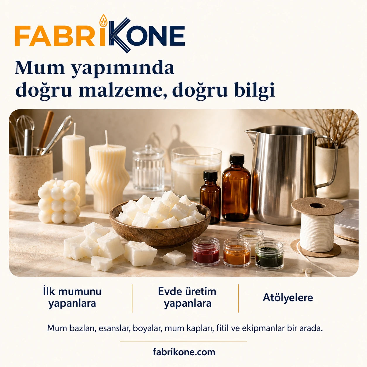 Fabrikone mum bazları, esans, boya, kap, fitil ve mum yapım ekipmanları