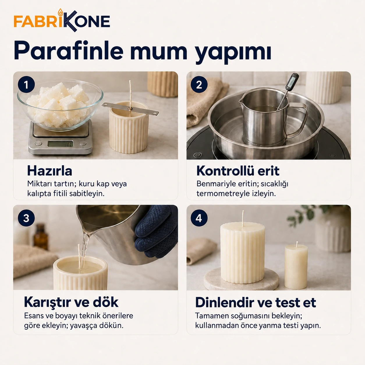Parafinle mum yapımı: hazırlama, kontrollü eritme, döküm ve yanma testi