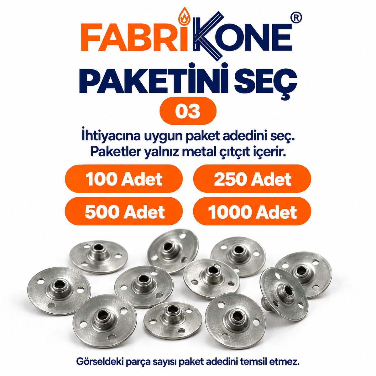 Mum fitili çıtçıtı paket rehberi: 100, 250, 500 ve 1000 adet seçenekleri; paketler yalnız metal çıtçıt içerir.
