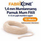 Fabrikone 1,4 mm mumlanmamış pamuk fitil 10 metre; 4–6 cm çaplı mumlara uygun, makarasız ve metal tabansız