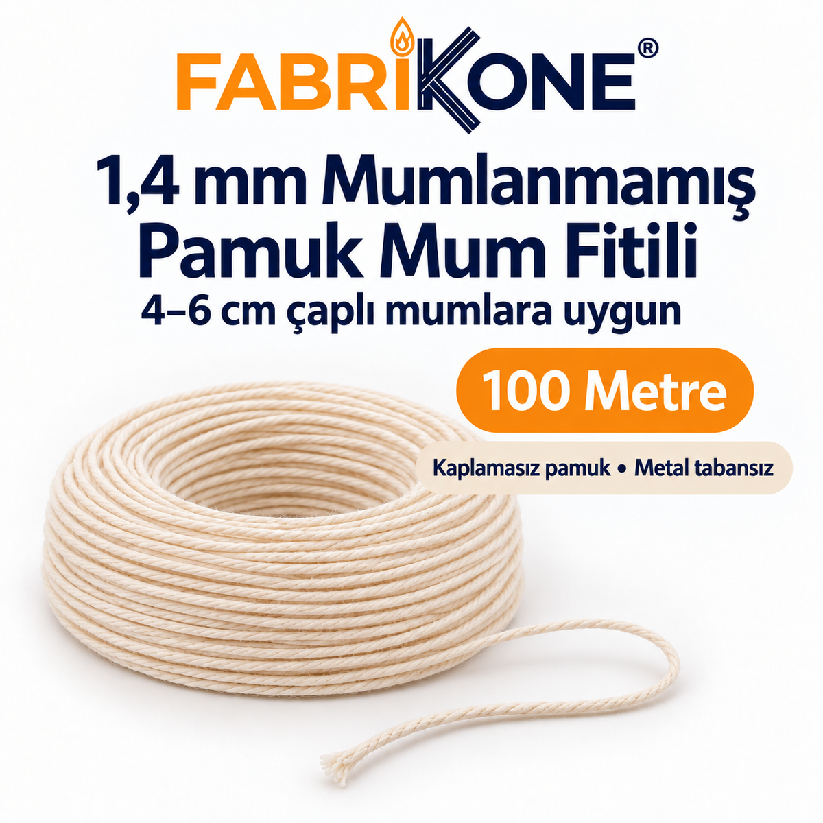 Fabrikone 1,4 mm mumlanmamış pamuk fitil 100 metre; 4–6 cm çaplı mumlara uygun, makarasız ve metal tabansız