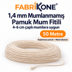 Fabrikone 1,4 mm mumlanmamış pamuk fitil 50 metre; 4–6 cm çaplı mumlara uygun, makarasız ve metal tabansız