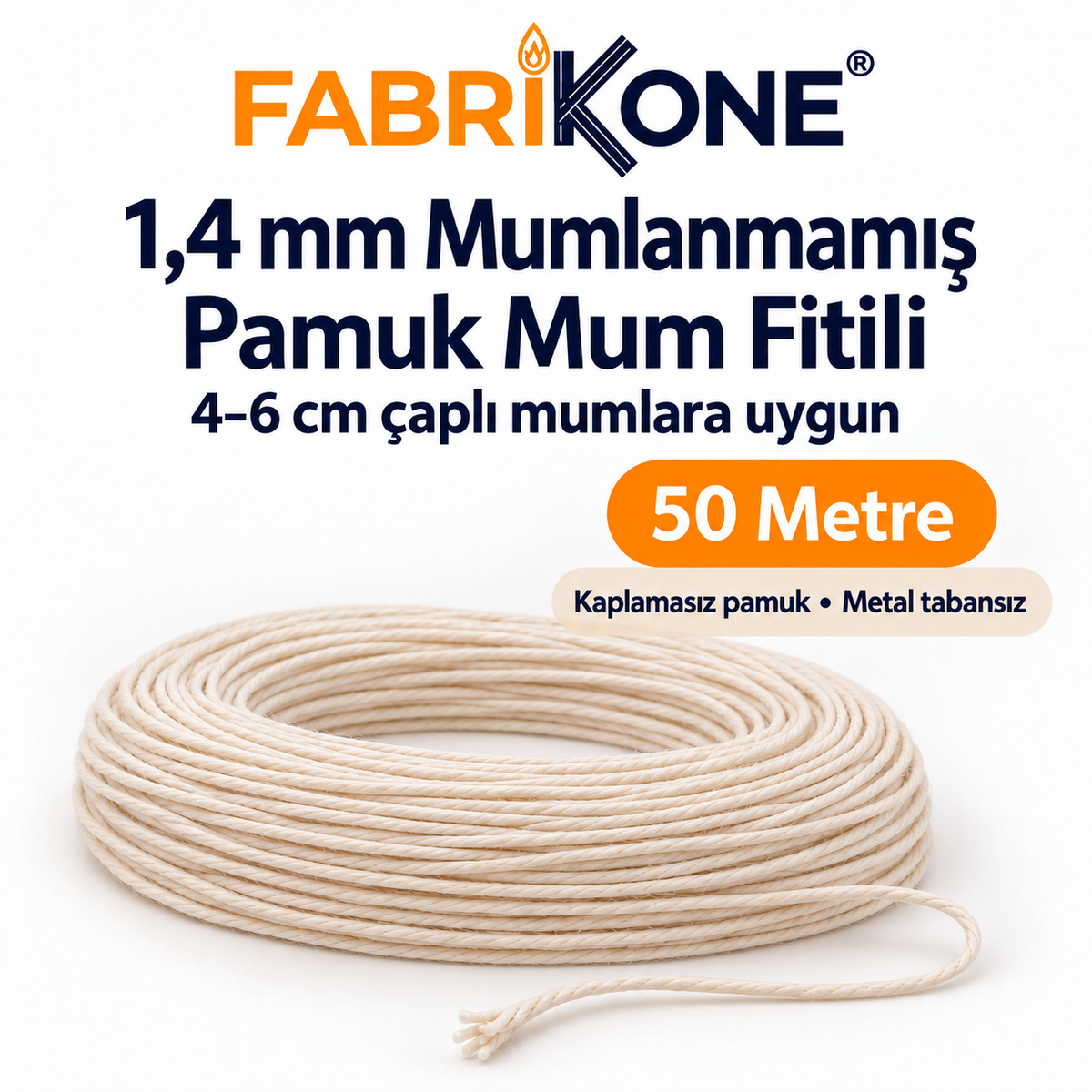 Fabrikone 1,4 mm mumlanmamış pamuk fitil 50 metre; 4–6 cm çaplı mumlara uygun, makarasız ve metal tabansız