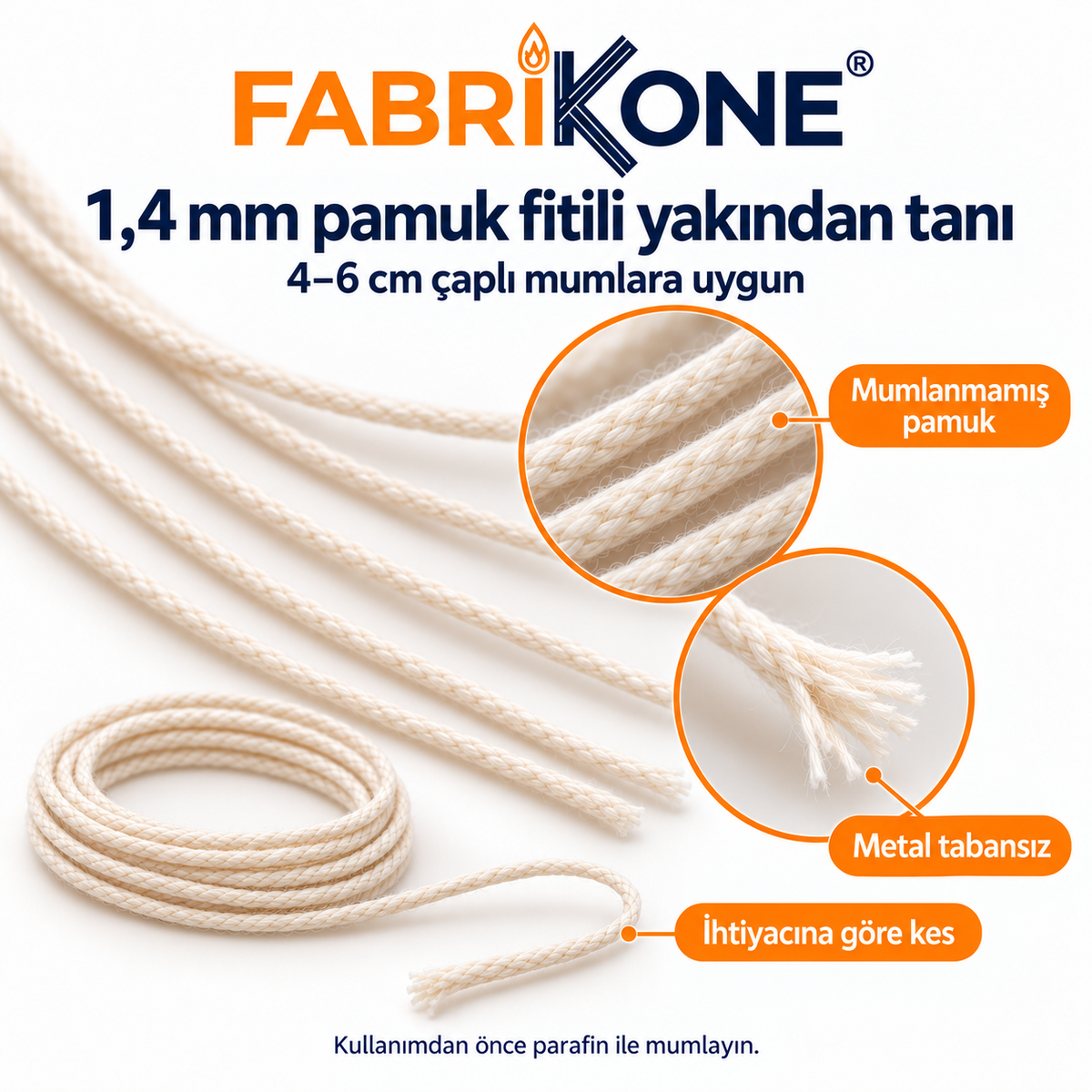 Fabrikone 1,4 mm mumlanmamış pamuk fitil doku detayı; 4–6 cm çaplı mumlara uygun