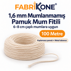 Fabrikone 1,6 mm mumlanmamış pamuk fitil 100 metre; 6–8 cm çaplı mumlara uygun, makarasız ve metal tabansız