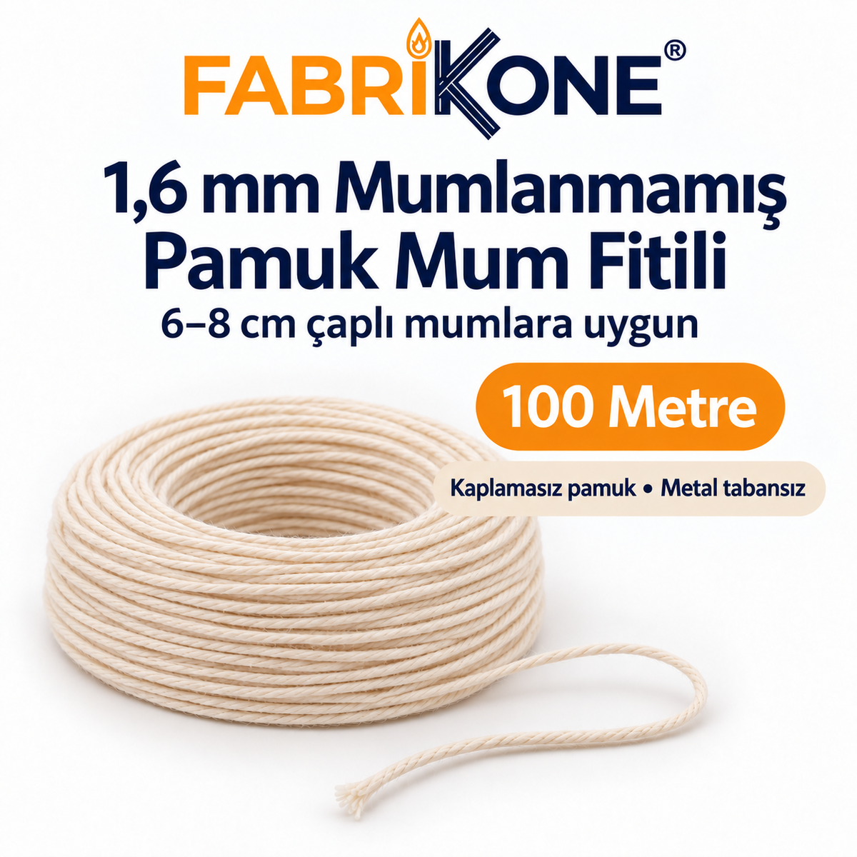 Fabrikone 1,6 mm mumlanmamış pamuk fitil 100 metre; 6–8 cm çaplı mumlara uygun, makarasız ve metal tabansız