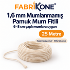Fabrikone 1,6 mm mumlanmamış pamuk fitil 25 metre; 6–8 cm çaplı mumlara uygun, makarasız ve metal tabansız