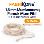 Fabrikone 1,6 mm mumlanmamış pamuk fitil 5 metre; 6–8 cm çaplı mumlara uygun, makarasız ve metal tabansız