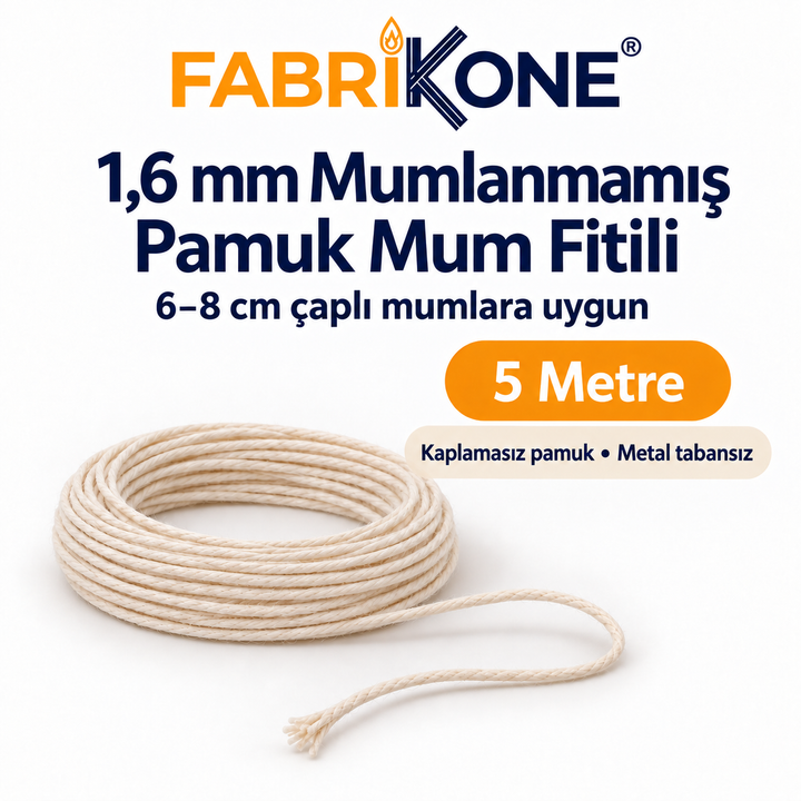 1,6 mm Mumlanmamış Pamuk Mum Fitili – Metre ile | 6–8 cm Muma Uygun