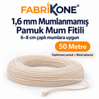 Fabrikone 1,6 mm mumlanmamış pamuk fitil 50 metre; 6–8 cm çaplı mumlara uygun, makarasız ve metal tabansız