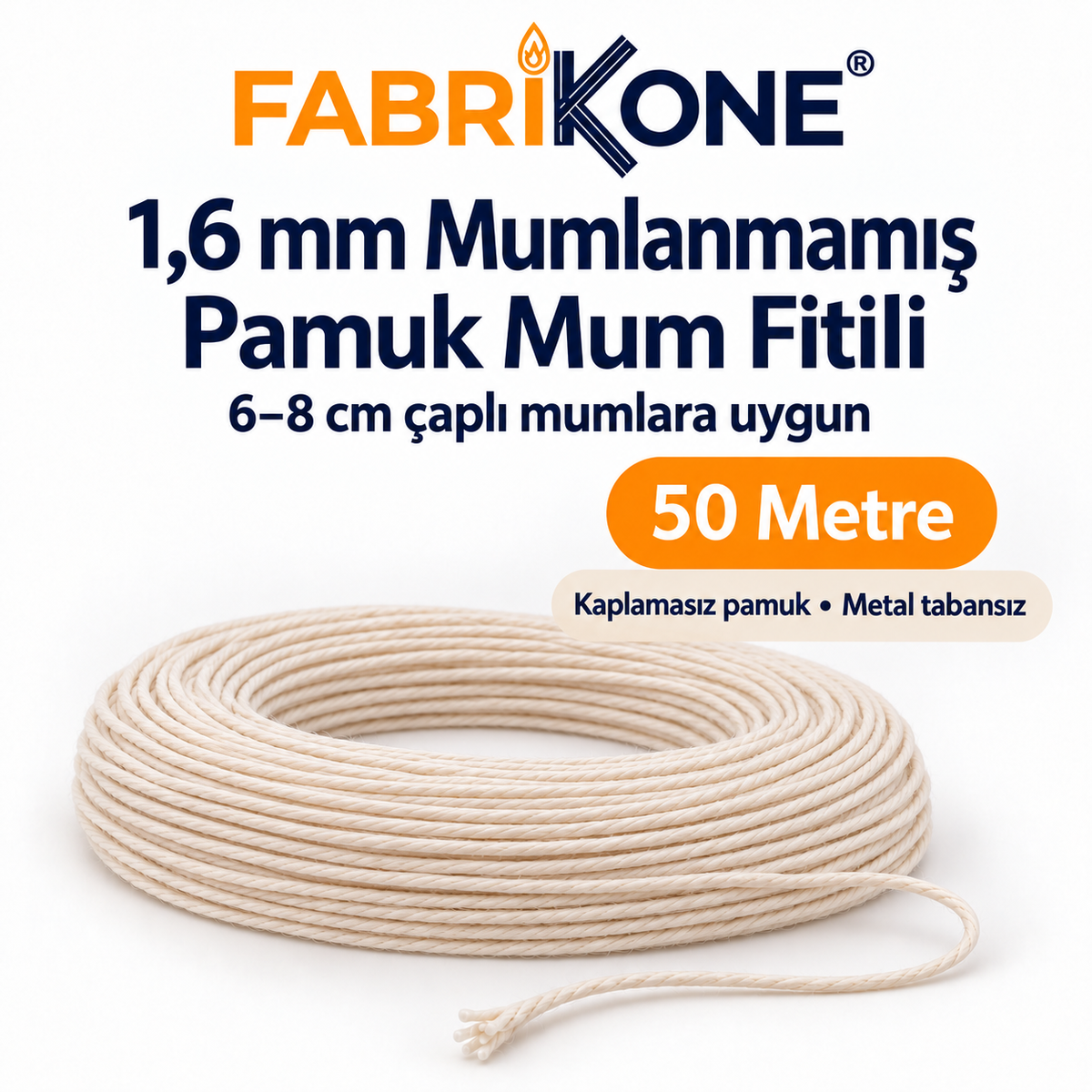 Fabrikone 1,6 mm mumlanmamış pamuk fitil 50 metre; 6–8 cm çaplı mumlara uygun, makarasız ve metal tabansız