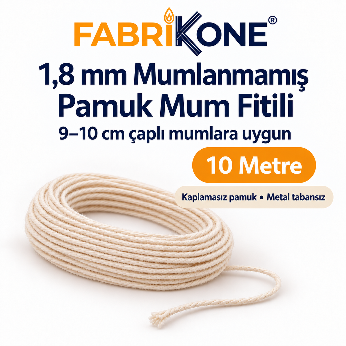 Fabrikone 1,8 mm mumlanmamış pamuk fitil 10 metre; 9–10 cm çaplı mumlara uygun, makarasız ve metal tabansız