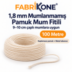 Fabrikone 1,8 mm mumlanmamış pamuk fitil 100 metre; 9–10 cm çaplı mumlara uygun, makarasız ve metal tabansız