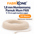 Fabrikone 1,8 mm mumlanmamış pamuk fitil 50 metre; 9–10 cm çaplı mumlara uygun, makarasız ve metal tabansız