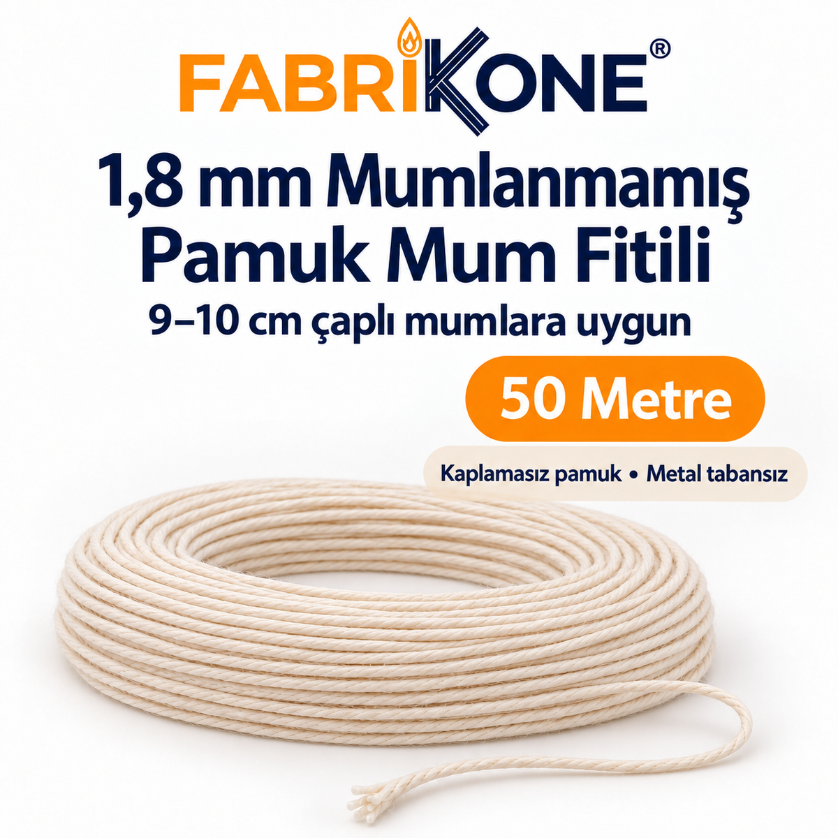Fabrikone 1,8 mm mumlanmamış pamuk fitil 50 metre; 9–10 cm çaplı mumlara uygun, makarasız ve metal tabansız