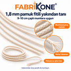 Fabrikone 1,8 mm mumlanmamış pamuk fitil doku detayı; 9–10 cm çaplı mumlara uygun
