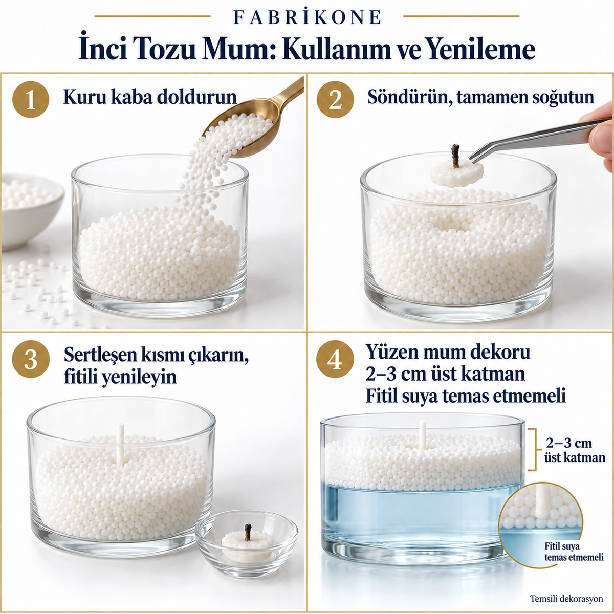 İnci tozu mum: soğuyan fitil çevresini çıkarıp yenileme ve su üstünde 2–3 cm tanecik katmanı; fitil suya değmez