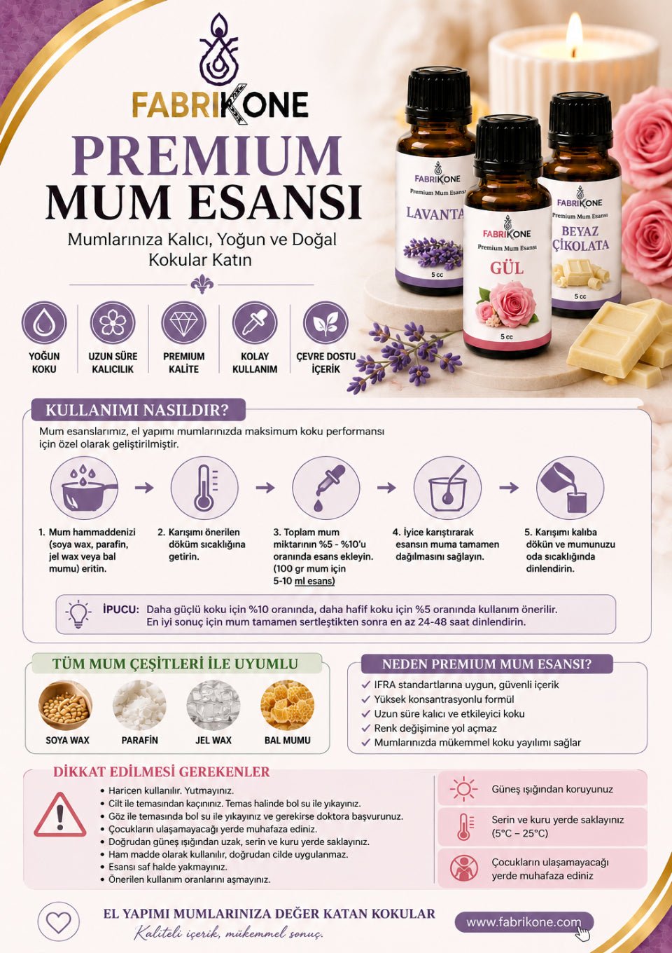 Lavanta Premium Mum Esansı - Soya Wax, Parafin, Jel Wax ve Bal Mumu Uyumlu - Fabrikone