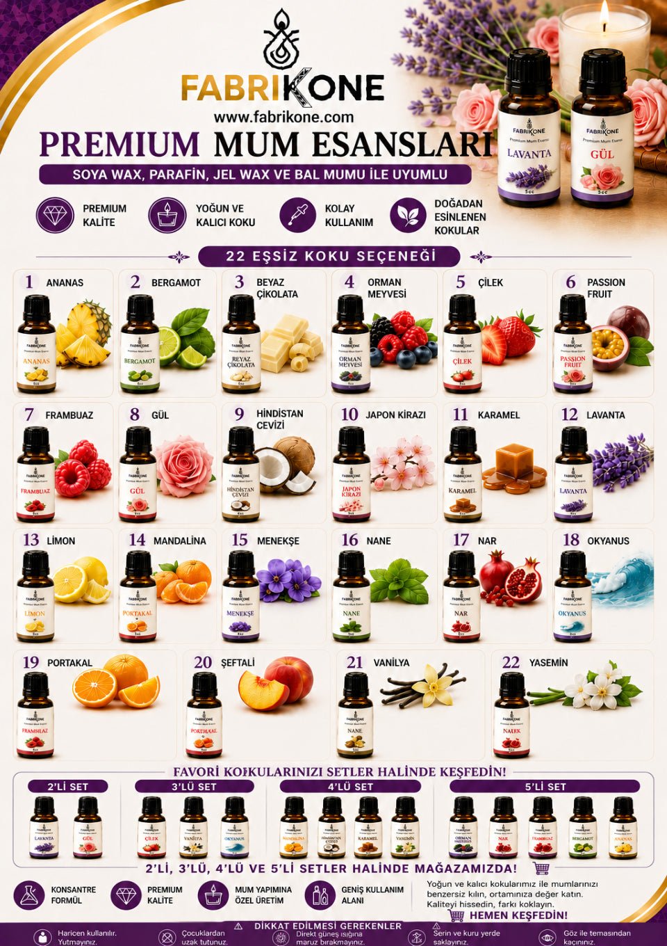 Lavanta Premium Mum Esansı - Soya Wax, Parafin, Jel Wax ve Bal Mumu Uyumlu - Fabrikone