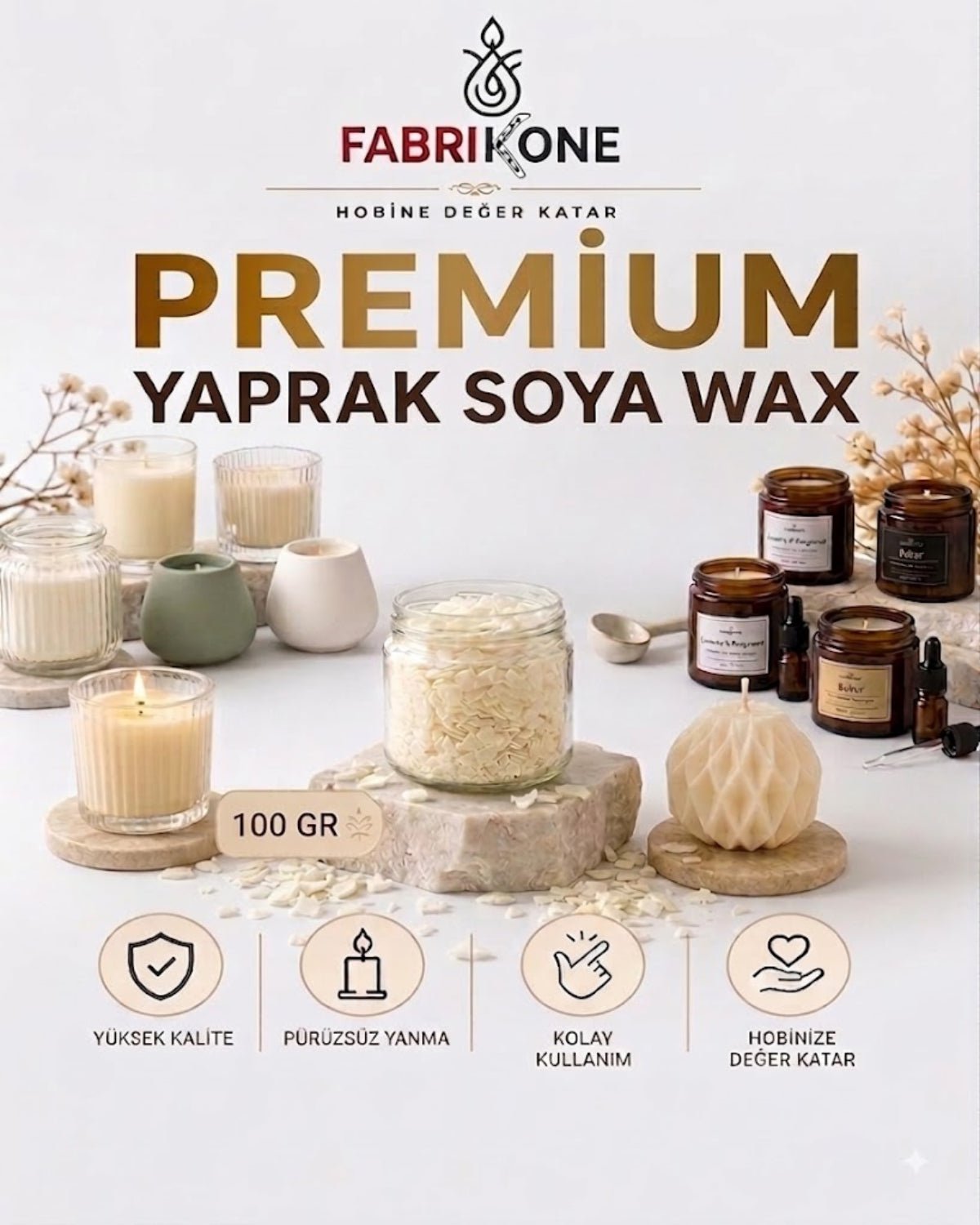 Premium Yaprak Soya Wax Mum Hammaddesi 100 GR - Fabrikone